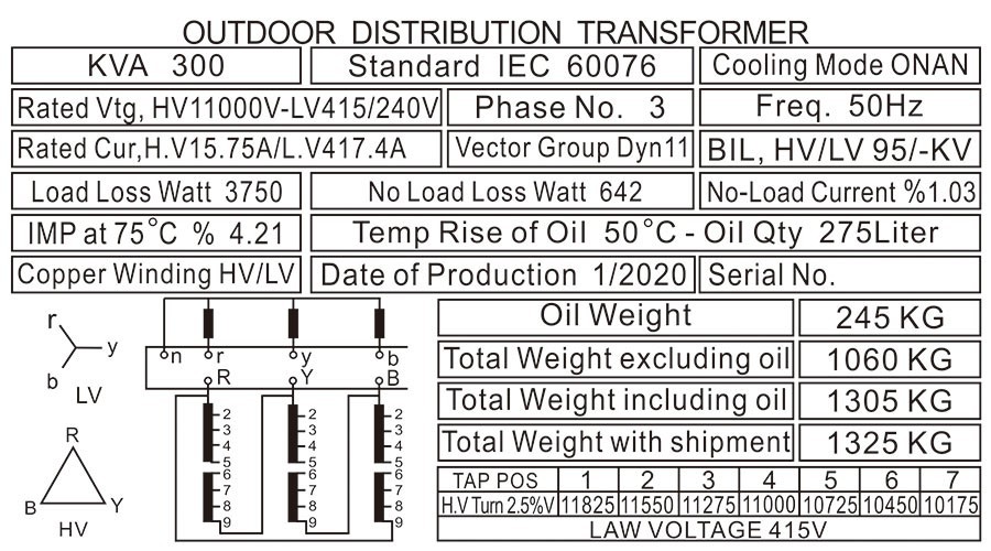 300 KVA Oil Filled Transformer Nameplate 300 KVA Oil Filled Transformer Nameplate